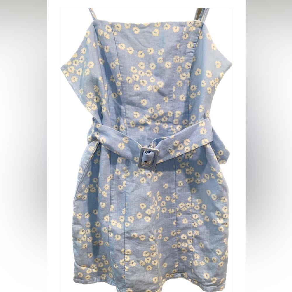 Floral belted minidress w/ spaghetti straps and side zipper